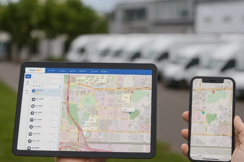 Plataforma GPS mostrando ubicación en tiempo real de vehículos desde tablet y celular.