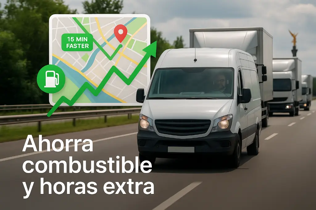 Flota de vehículos circulando con mapa GPS y gráfico de ahorro de combustible.